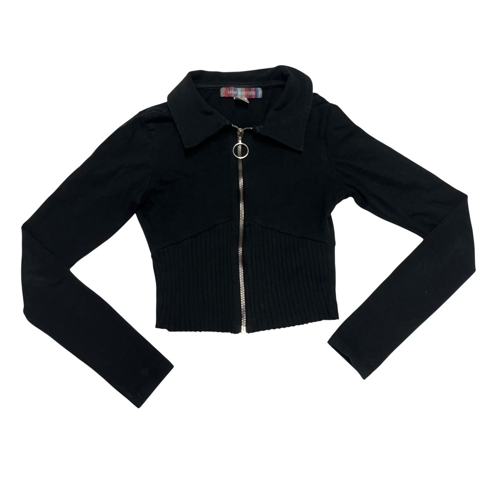 Urban Outfitters Black Ribbed Cropped Zip Up Long Sleeve O-Ring Top XS